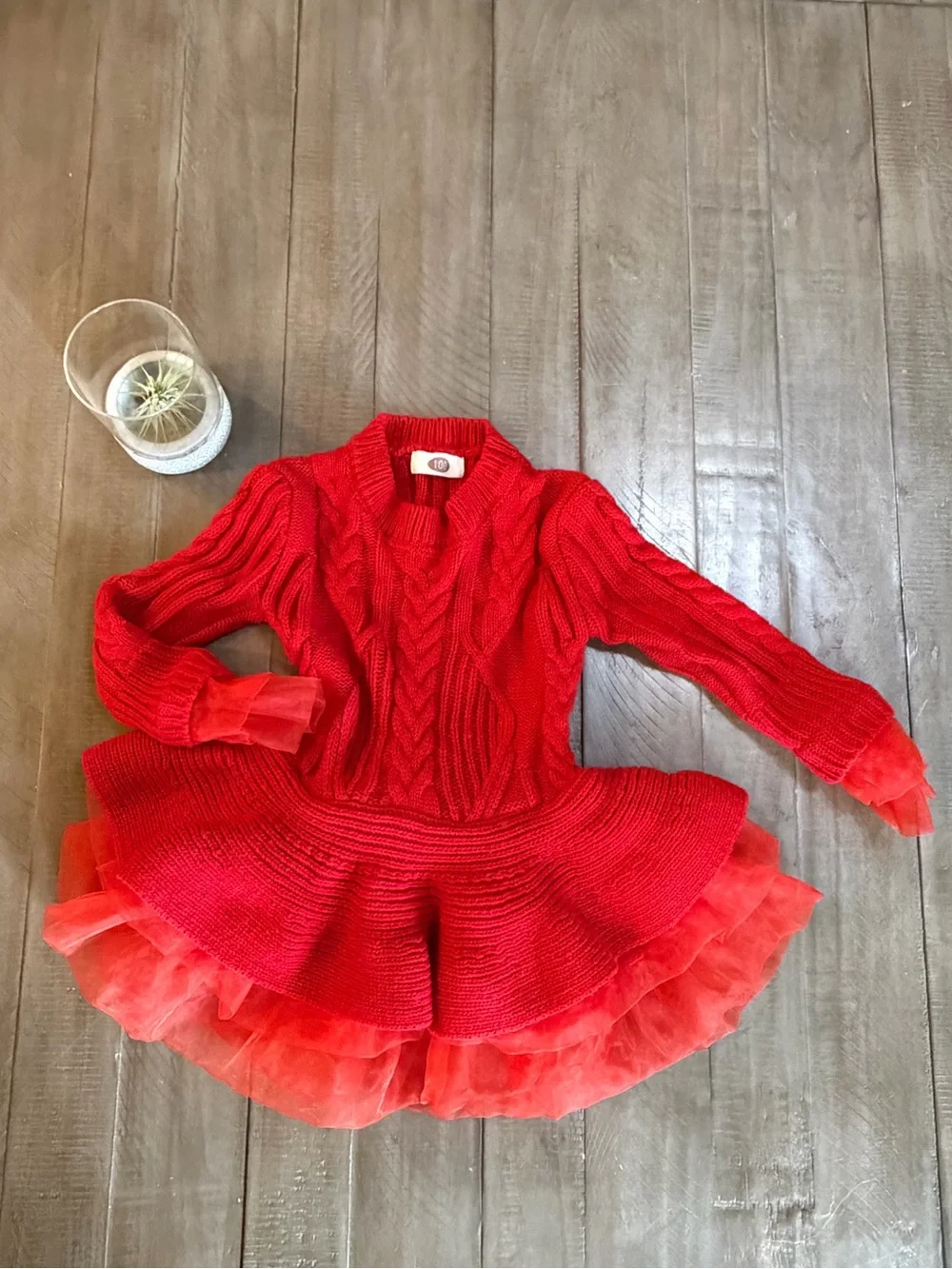 Red Holidays Sweater Cable Knit Tutu Dress with Tulle Trim